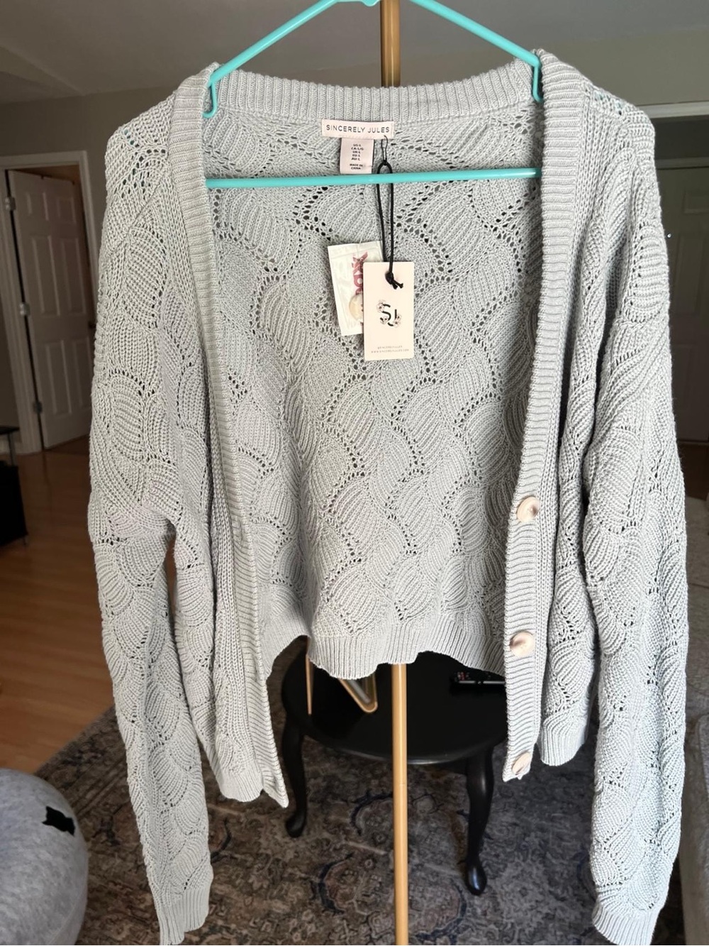 Sincerly Jules Pale Gray Open-Knit Button Cardigan